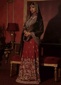 Black and Maroon Pakistani Bridal Dress Full Length With Heavy Gold Embroidery by Zeeniya