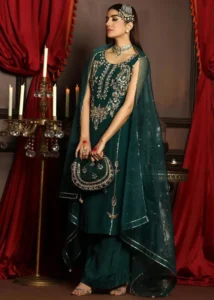 Deep Teal Pakistani Formal Dress Full Length With Gold Embroidery and Sheer Dupatta by Zeeniya