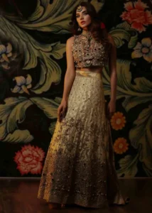 Champagne Gold Pakistani Bridal Lehenga Full Length With Heavy Embroidery by Zeeniya