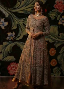 Dusty Rose Pakistani Formal Dress Front View With Heavy Silver Embroidery by Zeeniya