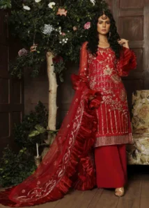 Crimson Red Pakistani Formal Dress Full Length With Gold Embroidery and Ruffled Dupatta by Zeeniya