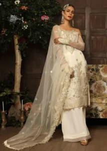 Ivory Pakistani Formal Dress Full Length With Silver Embroidery and Sheer Dupatta by Zeeniya