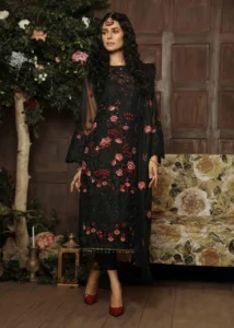 Black Pakistani Formal Dress Full Length With Red Floral Embroidery and Dupatta by Zeeniya