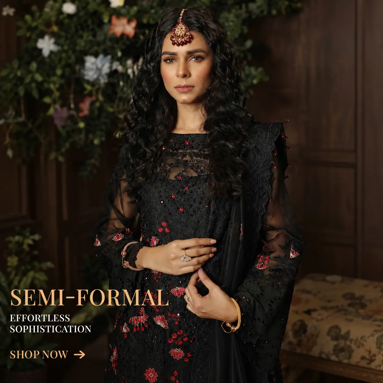 Black semi-formal dress with red floral embroidery